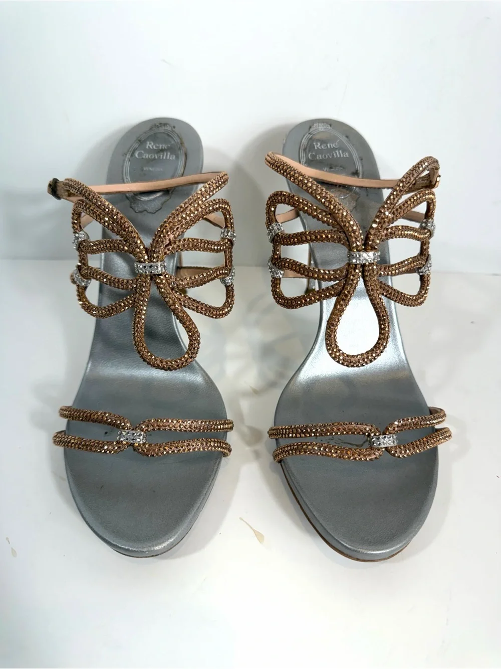 René Caovilla Crystal Butterfly Sandals 40.5 Rose Gold Gray Stiletto Heels Made